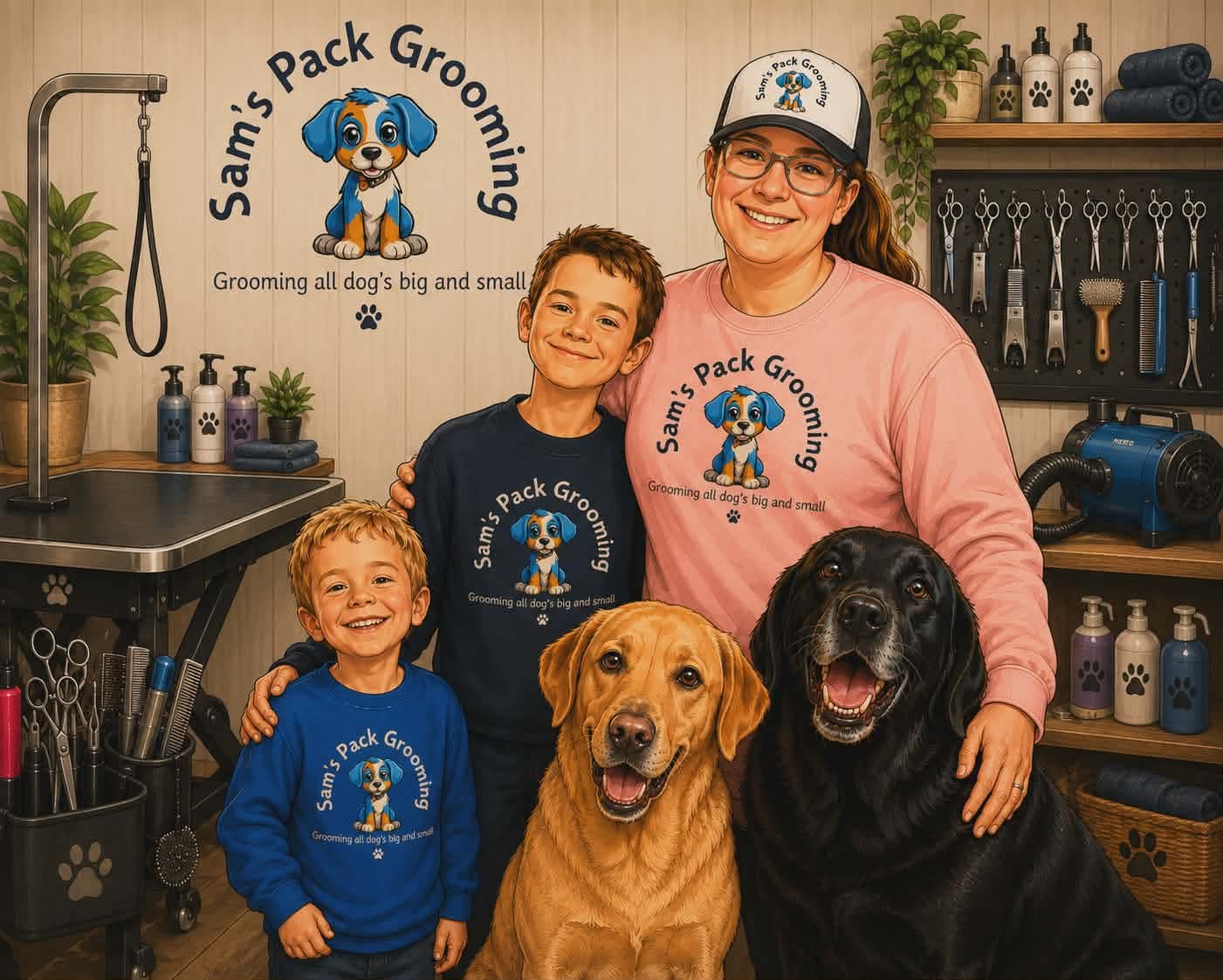 Sam with her two boys and their two labradors in the Sam's Pack Grooming studio